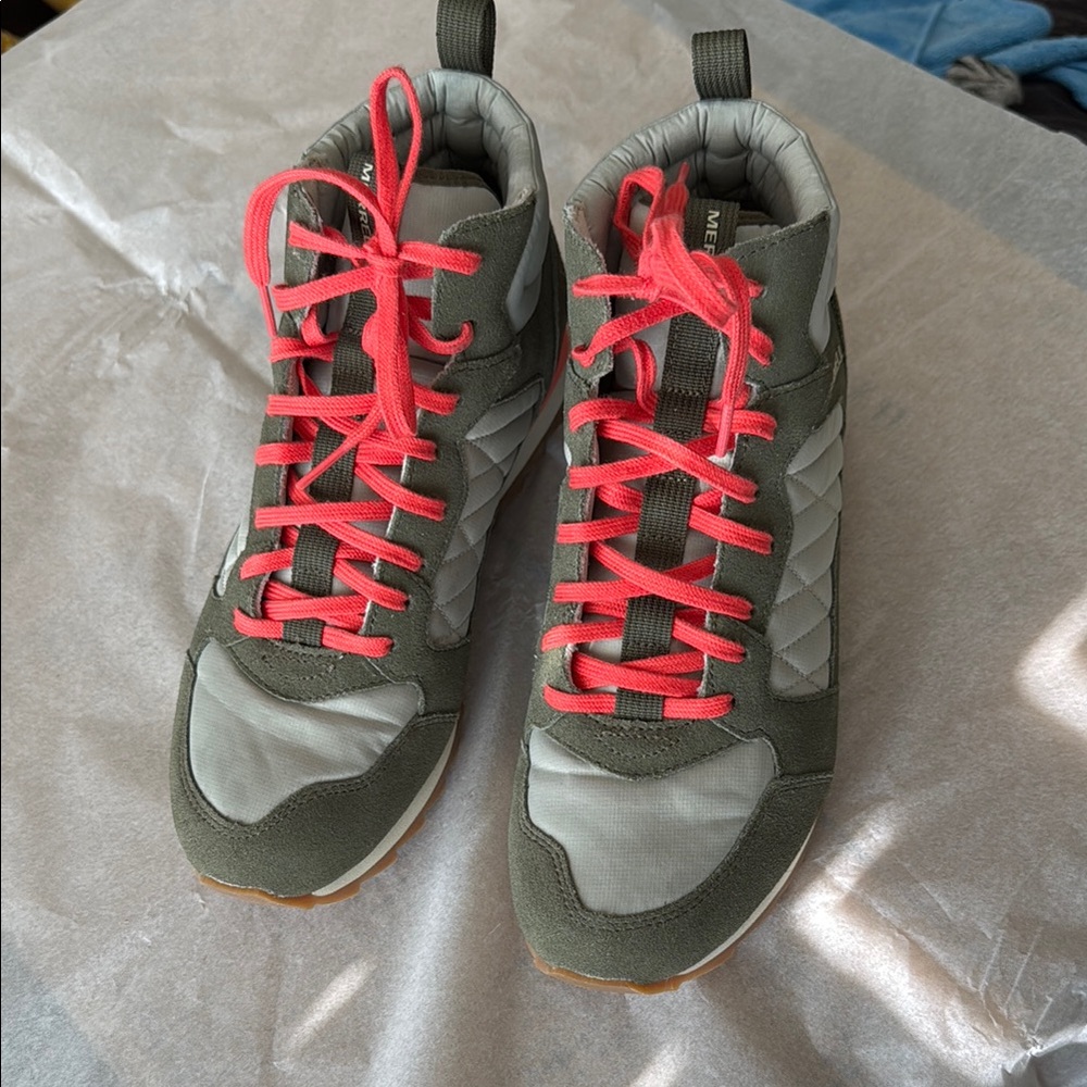 Merrell Olive and Light Green Sneakers with Bright neon orange Laces